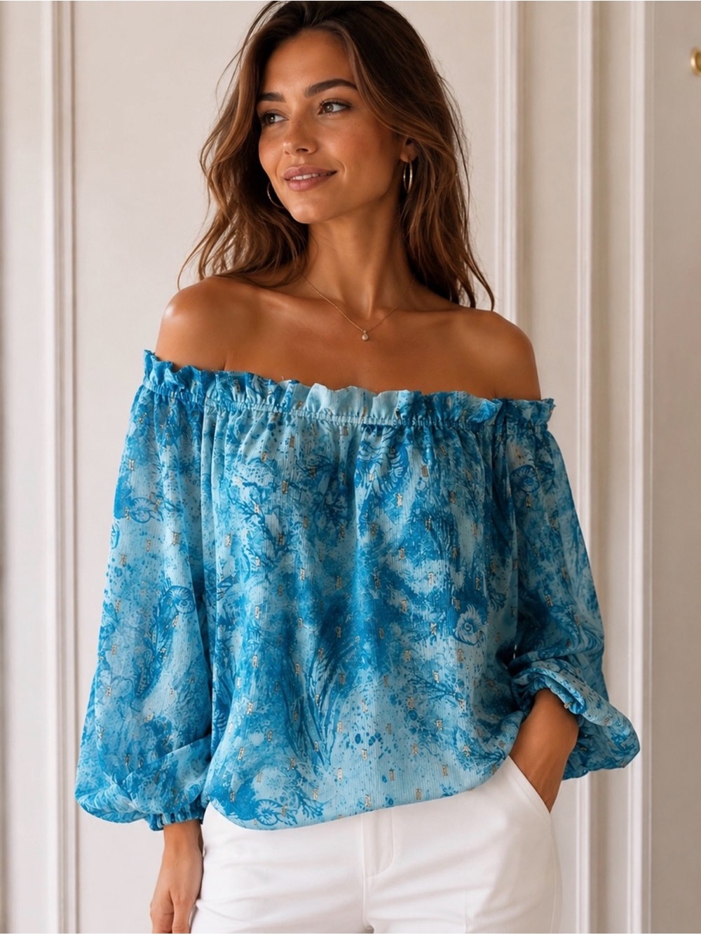 NWT WHBM Off-Shoulder Clip Dot Blouse Blue Gold White House Black Market Sz XXS